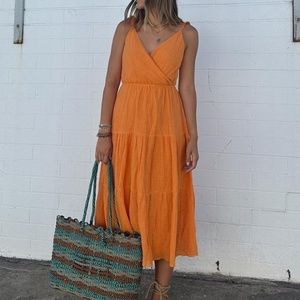orange ruffle midi dress Sadie & sage tiered bow back summer